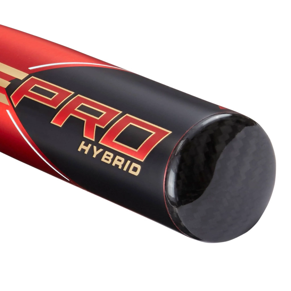 Close-up of the barrel on the 2023 AXE Avenge Pro Hybrid FLARED (-3) BBCOR Baseball Bat (L130K-FLR), showing gold and red PRO HYBRID lettering, a textured carbon fiber-like finish, and a unique flared handle.