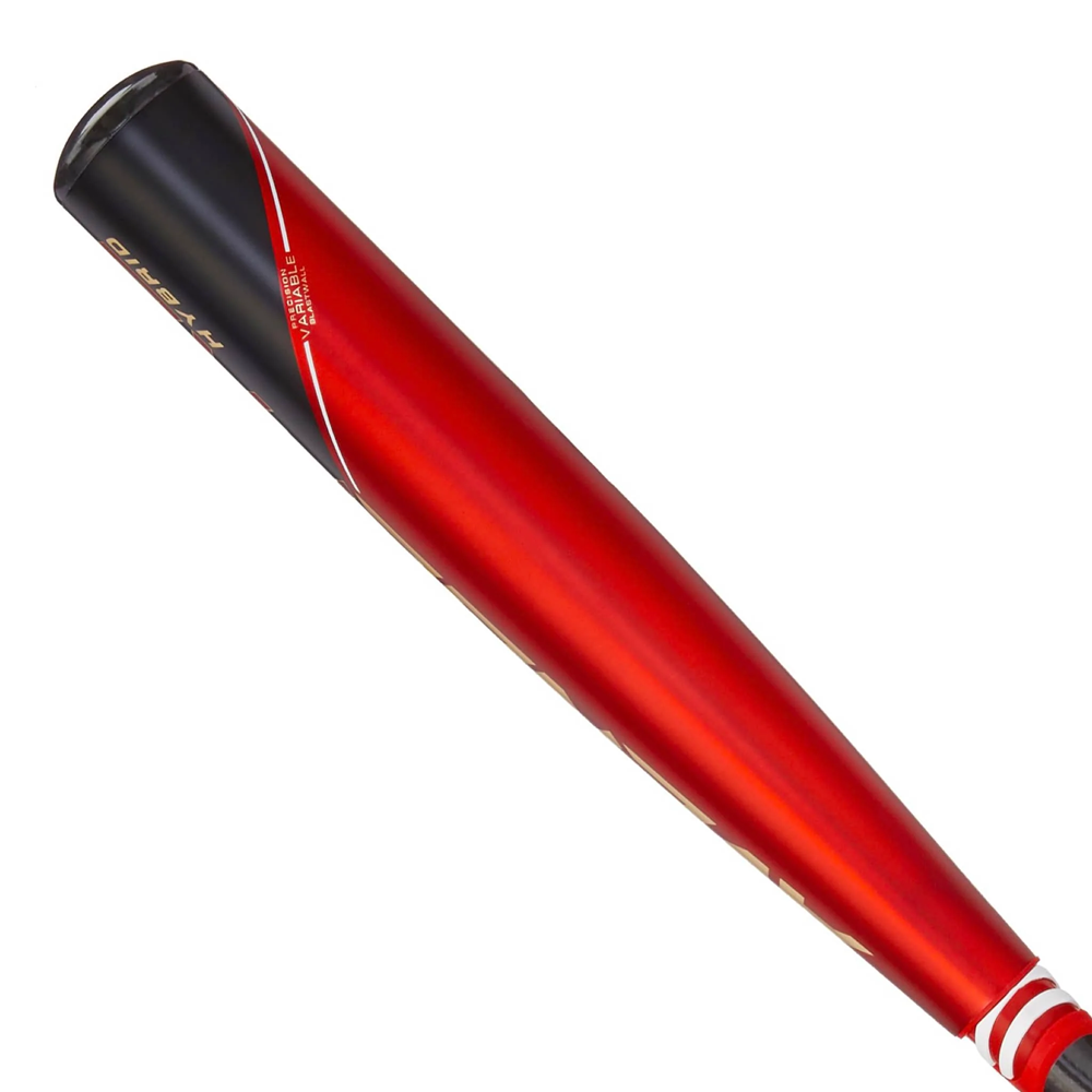 A close-up of the 2023 AXE Avenge Pro Hybrid FLARED (-3) BBCOR Baseball Bat (L130K-FLR), showing its red and black metal barrel, flared handle, black end cap, and a red handle wrapped in white grip tape.