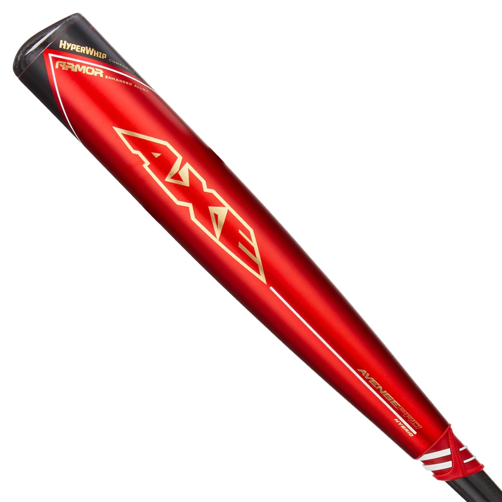 The 2023 AXE Avenge Pro Hybrid FLARED (-3) BBCOR Baseball Bat (L130K-FLR) features a red design with gold and black accents, bold AXE and HYPERWHIP branding, a flared handle, and a black grip.
