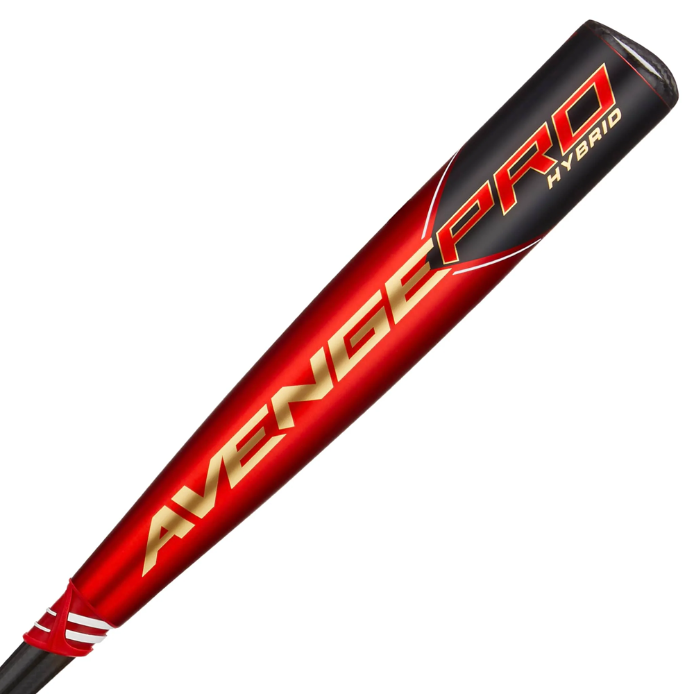 A close-up of the 2023 AXE Avenge Pro Hybrid FLARED (-3) BBCOR Baseball Bat (L130K-FLR) by AXE, featuring a red and black barrel with "AVENGE PRO HYBRID" in bold yellow letters.