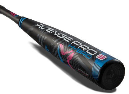 Close-up of the 2025 AXE Avenge Pro 3 Hybrid (-3) BBCOR Baseball Bat (L130M-FLR) barrel, showing black, blue, pink, and white AXE graphics and branding on a light gray background.