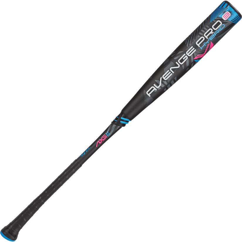 The 2025 AXE Avenge Pro 3 Hybrid (-3) BBCOR Baseball Bat (L130M-FLR) by AXE features a black design with blue and pink accents, a flared handle, textured grip, and bold branding on the barrel.