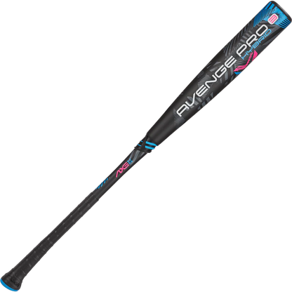 The 2025 AXE Avenge Pro 3 Hybrid (-3) BBCOR Baseball Bat (L130M-FLR) by AXE features a black design with blue and pink accents, a flared handle, textured grip, and bold branding on the barrel.