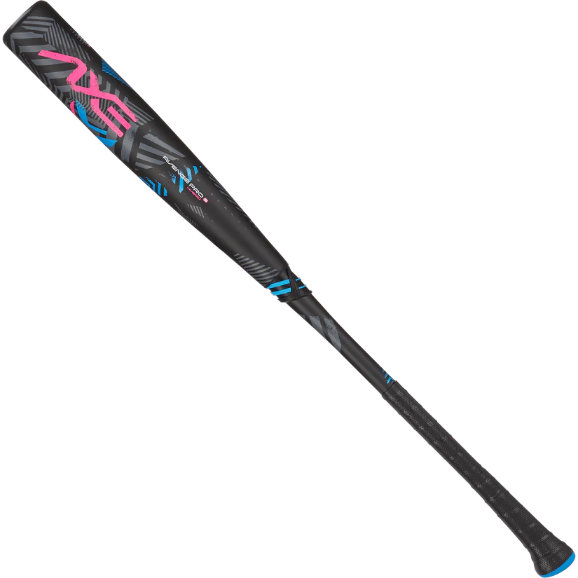 The 2025 AXE Avenge Pro 3 Hybrid (-3) BBCOR Baseball Bat: L130M-FLR features a black and blue design and a flared handle.