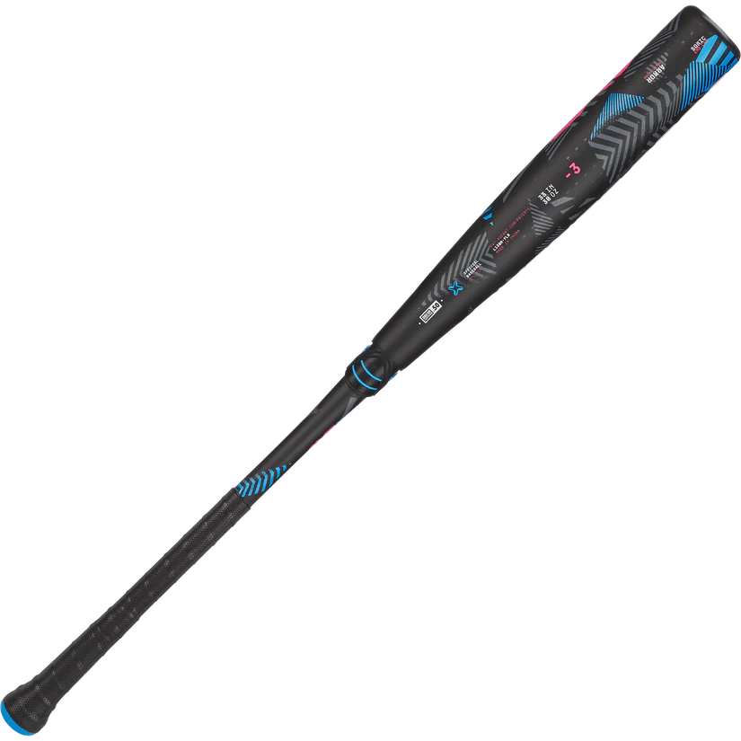 The 2025 AXE Avenge Pro 3 Hybrid (-3) BBCOR Baseball Bat: L130M-FLR by AXE features a flared handle and comes in black and blue.