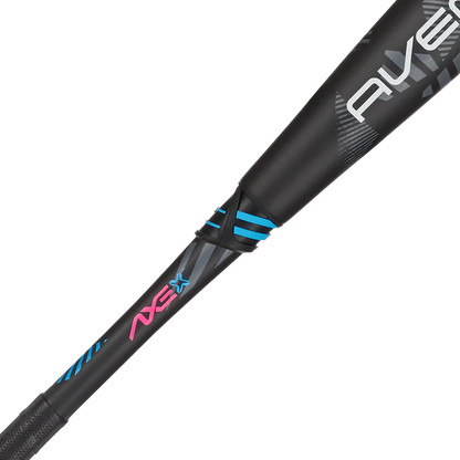 Close-up of the 2025 AXE Avenge Pro 3 Hybrid (-3) BBCOR Baseball Bat (L130M-FLR) by AXE, featuring blue and pink accents on the flared handle and barrel, with visible AVE and NSX text.