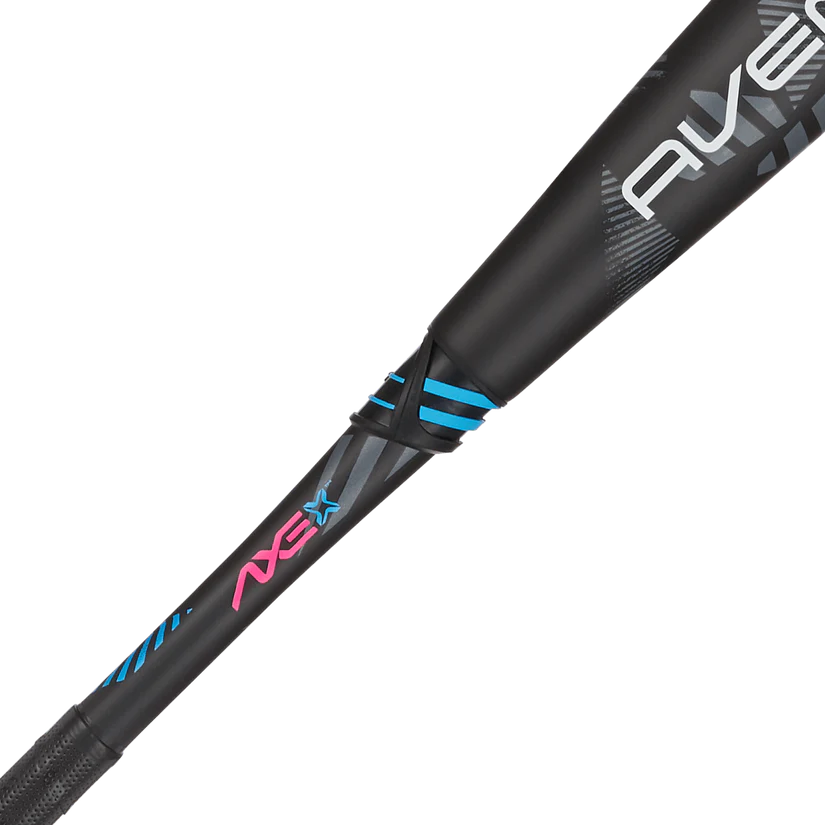 Close-up of the 2025 AXE Avenge Pro 3 Hybrid (-3) BBCOR Baseball Bat (L130M-FLR) by AXE, featuring blue and pink accents on the flared handle and barrel, with visible AVE and NSX text.