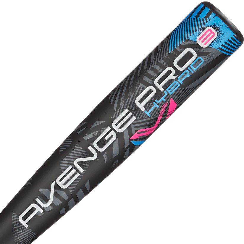 Close-up of the 2025 AXE Avenge Pro 3 Hybrid (-3) BBCOR Baseball Bat: L130M-FLR barrel, featuring bold white, blue, and pink "Avenge Pro Hybrid -3" text and geometric gray patterns on the surface.