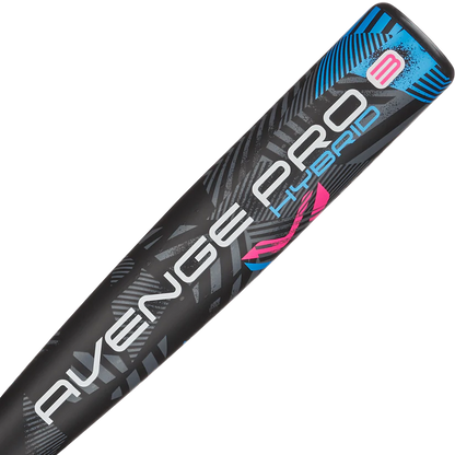Close-up of the 2025 AXE Avenge Pro 3 Hybrid (-3) BBCOR Baseball Bat: L130M-FLR barrel, featuring bold white, blue, and pink "Avenge Pro Hybrid -3" text and geometric gray patterns on the surface.