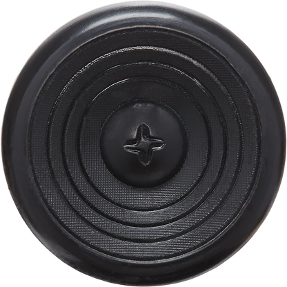 Close-up of a black, round button with concentric circles and textured surface, featuring a four-hole cross center—echoing the flared handle design of the 2025 AXE Avenge Pro 3 Hybrid (-3) BBCOR Baseball Bat (L130M-FLR) by AXE.