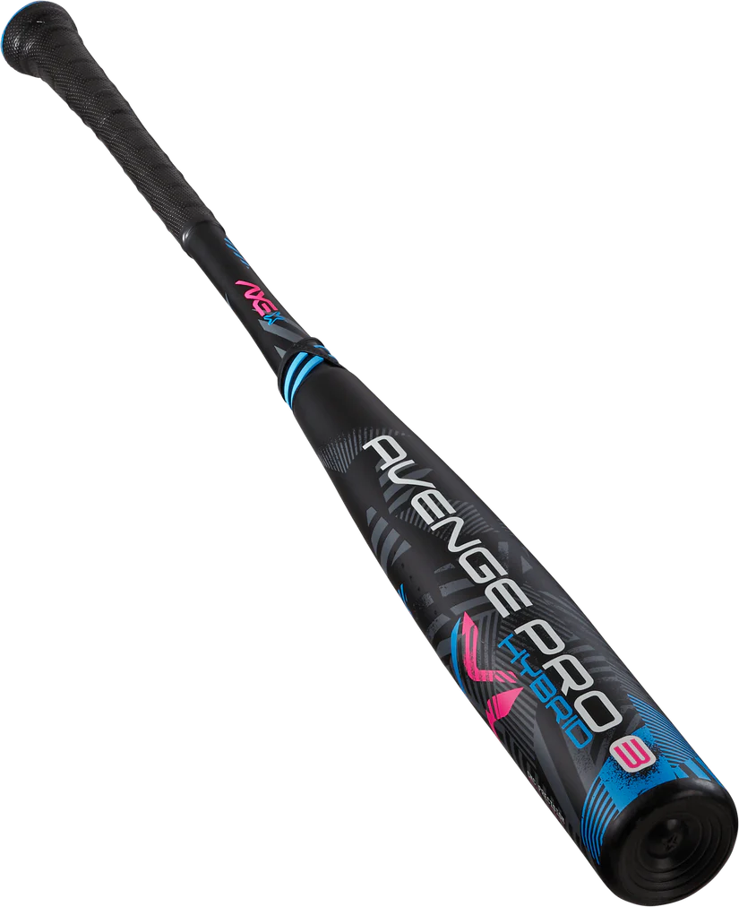 The 2025 AXE Avenge Pro 3 Hybrid (-3) BBCOR Baseball Bat (L130M-FLR) by AXE features a black and blue design, Avenge Pro 3 Hybrid barrel graphics in white/blue, a flared handle with textured grip, and modern angular accents.