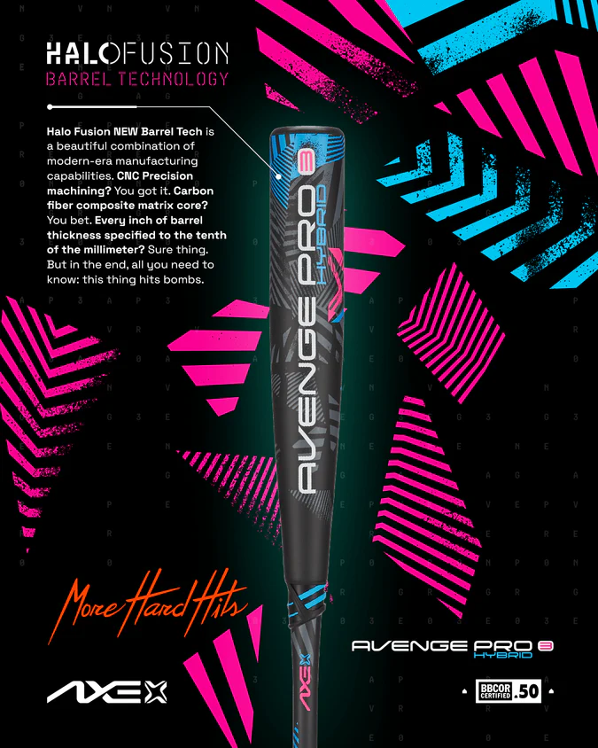 A promotional image for the 2025 AXE Avenge Pro 3 Hybrid (-3) BBCOR Baseball Bat (L130M-FLR) by AXE showcases its flared handle, Halo Fusion Barrel Technology, neon graphics, and the slogan "More Hard Hits.
