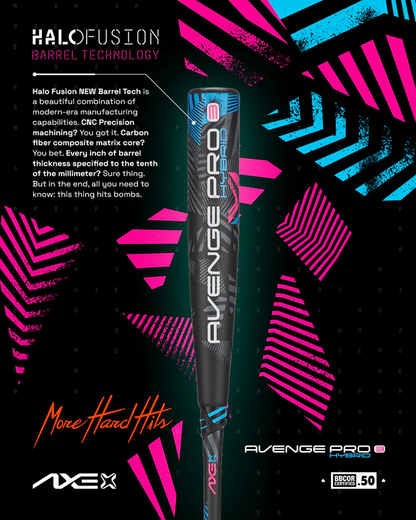 A promotional image for the 2025 AXE Avenge Pro 3 Hybrid (-3) BBCOR Baseball Bat (L130M-FLR) by AXE showcases its flared handle, Halo Fusion Barrel Technology, neon graphics, and the slogan "More Hard Hits.