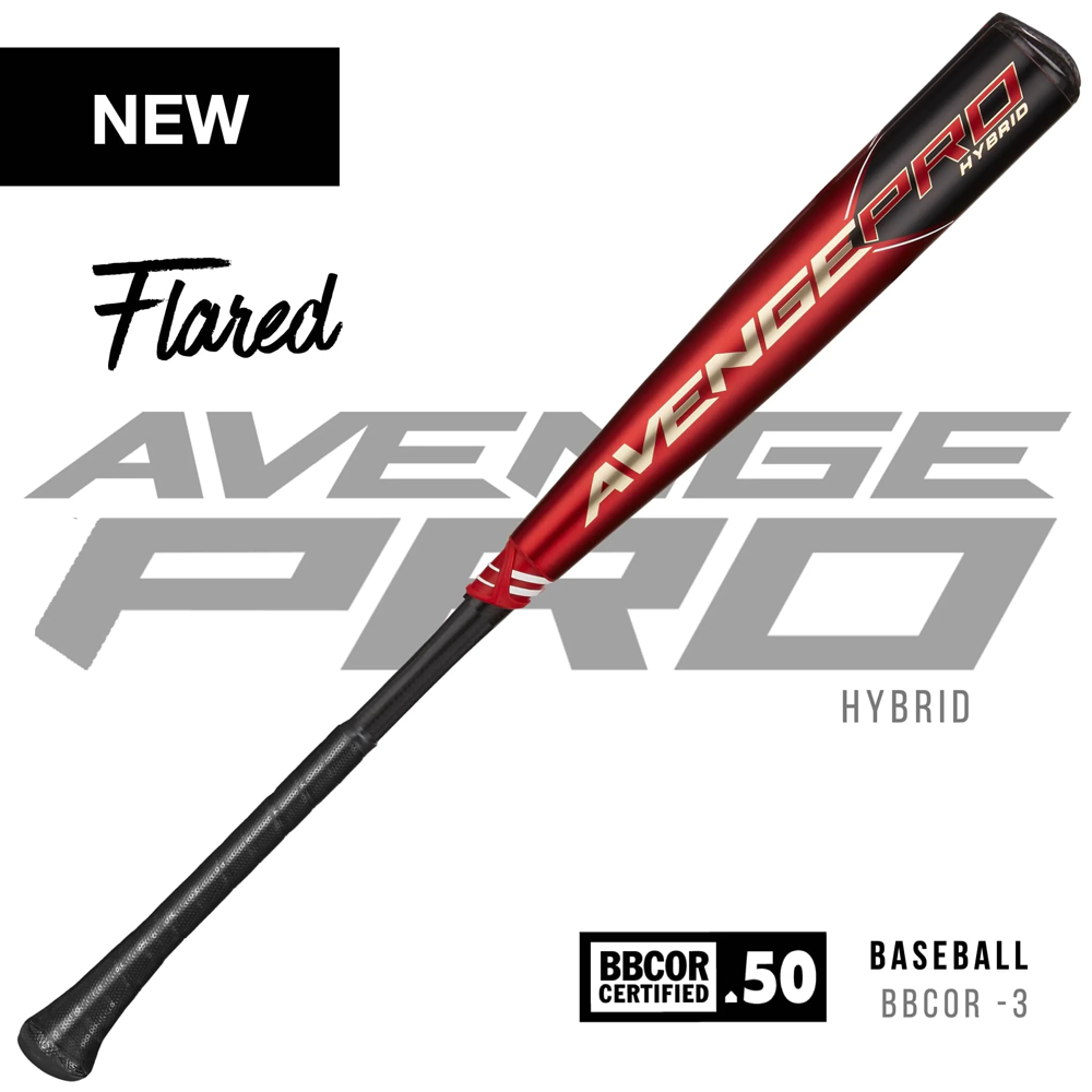 The 2023 AXE Avenge Pro Hybrid FLARED (-3) BBCOR Baseball Bat (L130K-FLR) features a flared handle, bold AVENGE PRO branding, is BBCOR .50 certified, with "NEW" text emphasizing its latest design in red and black.