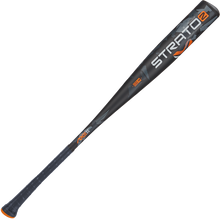 The 2024 AXE Strato 2 (-3) BBCOR Baseball Bat (L137M-FLR) features black, orange, and gray colors, a pro flared Axe handle for better grip, Strato and 2 on the barrel, and an expanded sweet spot for power hitters.