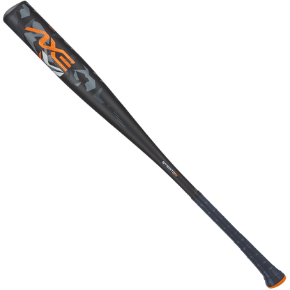 The 2024 AXE Strato 2 (-3) BBCOR Baseball Bat (L137M-FLR) features a black finish with orange and white AXE branding, pro flared handle, textured grip, and slightly tapered barrel—perfect for power hitters. Shown on a plain white background.