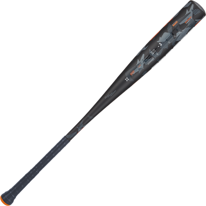 The 2024 AXE Strato 2 (-3) BBCOR Baseball Bat (L137M-FLR) features a black and gray design with orange accents, a pro flared Axe handle, textured grip, and geometric barrel patterns for a power hitter's sweet spot.