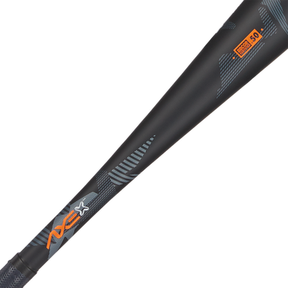 Close-up of the 2024 AXE Strato 2 (-3) BBCOR Baseball Bat (L137M-FLR) in black with gray and orange graphics, featuring the AXE logo, BBCOR .50 certification label, and a pro flared Axe handle for enhanced control.