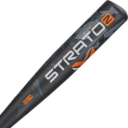 Close-up of the 2024 AXE Strato 2 (-3) BBCOR Baseball Bat: L137M-FLR barrel, featuring gray camo, bold STRATO lettering, an orange 2 by the handle, and a pro flared Axe handle made for power hitters.