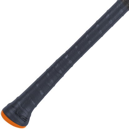 Close-up of the textured, dark gray pro flared handle grip with an orange accent on the 2024 AXE Strato 2 (-3) BBCOR Baseball Bat: L137M-FLR, set against a plain, light-colored background.