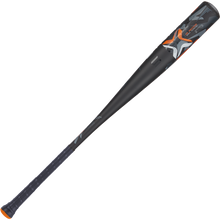 The 2024 AXE Strato 2 (-3) BBCOR Baseball Bat (L137M-FLR) by AXE features black, orange, and white graphics, a textured grip, pro flared Axe handle, power hitter’s sweet spot, and an orange end cap.