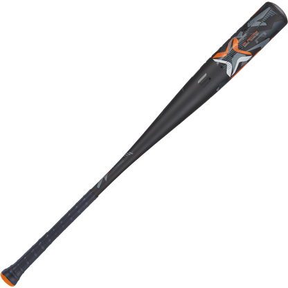 The 2024 AXE Strato 2 (-3) BBCOR Baseball Bat (L137M-FLR) by AXE features black, orange, and white graphics, a textured grip, pro flared Axe handle, power hitter’s sweet spot, and an orange end cap.