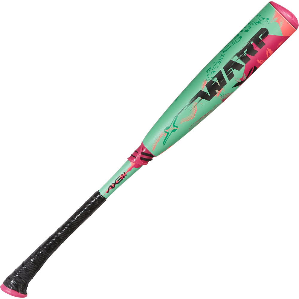The 2025 AXE Warp (-10) 2 3/4" USSSA Baseball Bat: L148P features a neon green and pink barrel with bold WHIP lettering, black grip, and eye-catching pink accents on the tip and base for standout style. Brand: AXE.