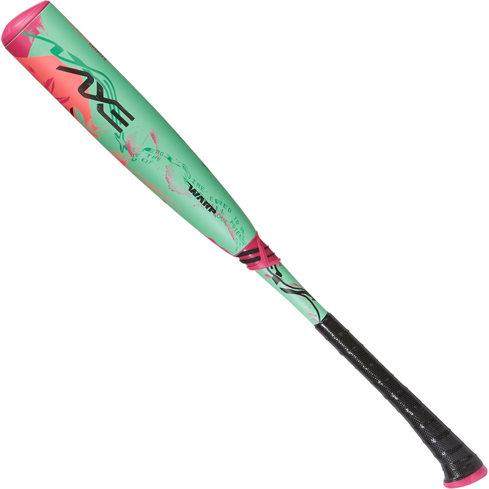 The 2025 AXE Warp (-10) 2 3/4" USSSA Baseball Bat: L148P showcases a mint green and pink design with black accents and grip tape, delivering standout style and performance for players who choose AXE.
