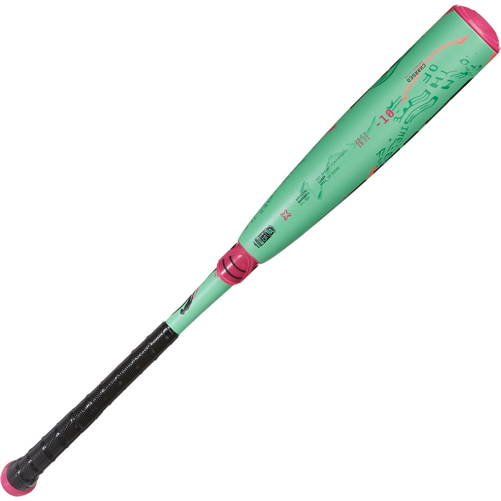 The 2025 AXE Warp (-10) USSSA Baseball Bat by AXE features a green and pink barrel with black grip, stylish graphics and text, plus pink end cap and knob—ideal for players seeking standout style.