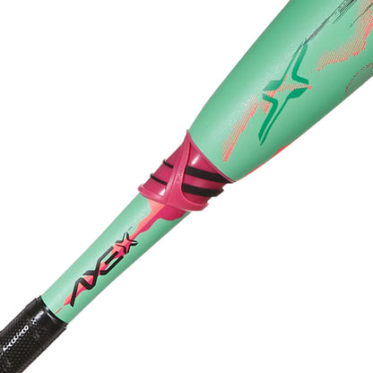 Close-up of the 2025 AXE Warp (-10) 2 3/4" USSSA Baseball Bat (L148P-FLR) shows the green and pink handle, AXE logo, and grip. This bat delivers advanced performance with cutting-edge design.