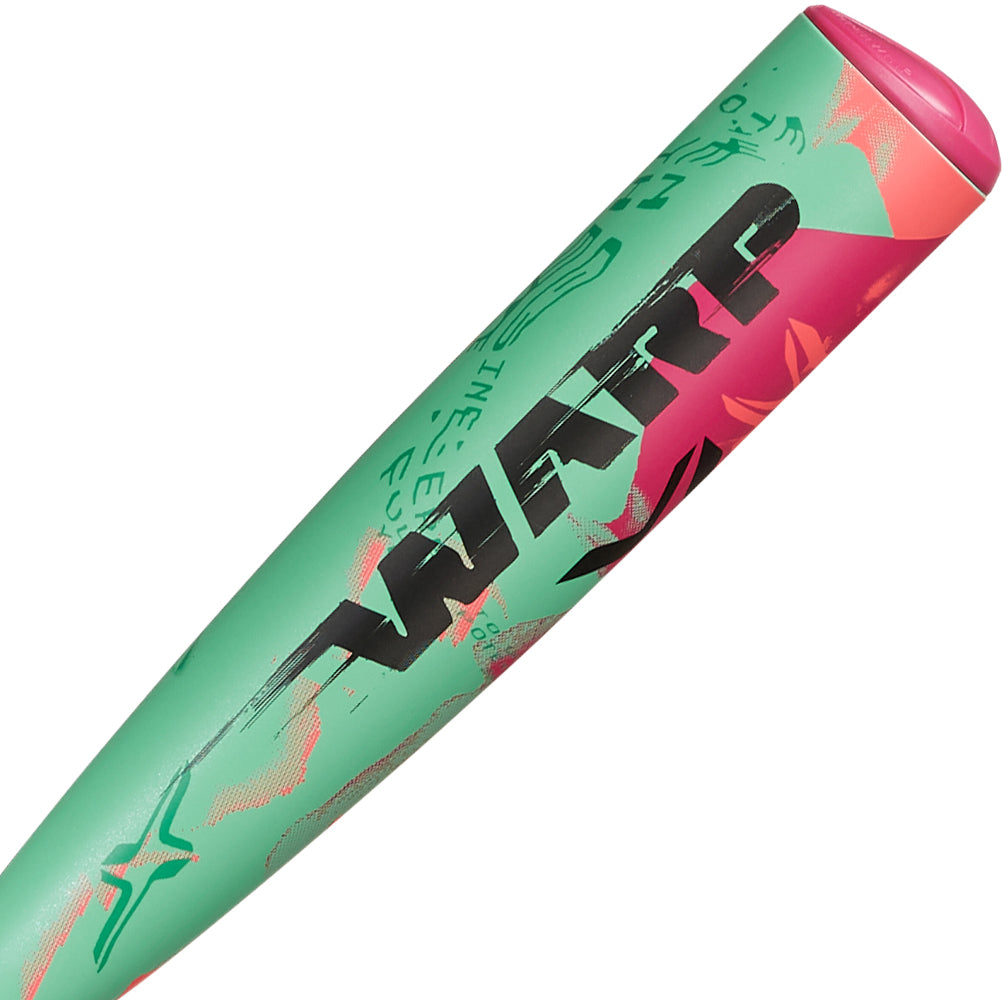 A close-up of a 2025 AXE Warp (-10) 2 3/4" USSSA Baseball Bat (L148P-FLR) shows its green and pink design with "WARP" in bold black letters along the barrel, highlighting the signature AXE branding.