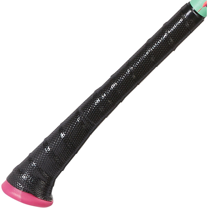 A long, black, textured object with a flared pink end and tapering shape, resembling an AXE 2025 Warp (-10) 2 3/4" USSSA Baseball Bat (L148P), is set against a white background.