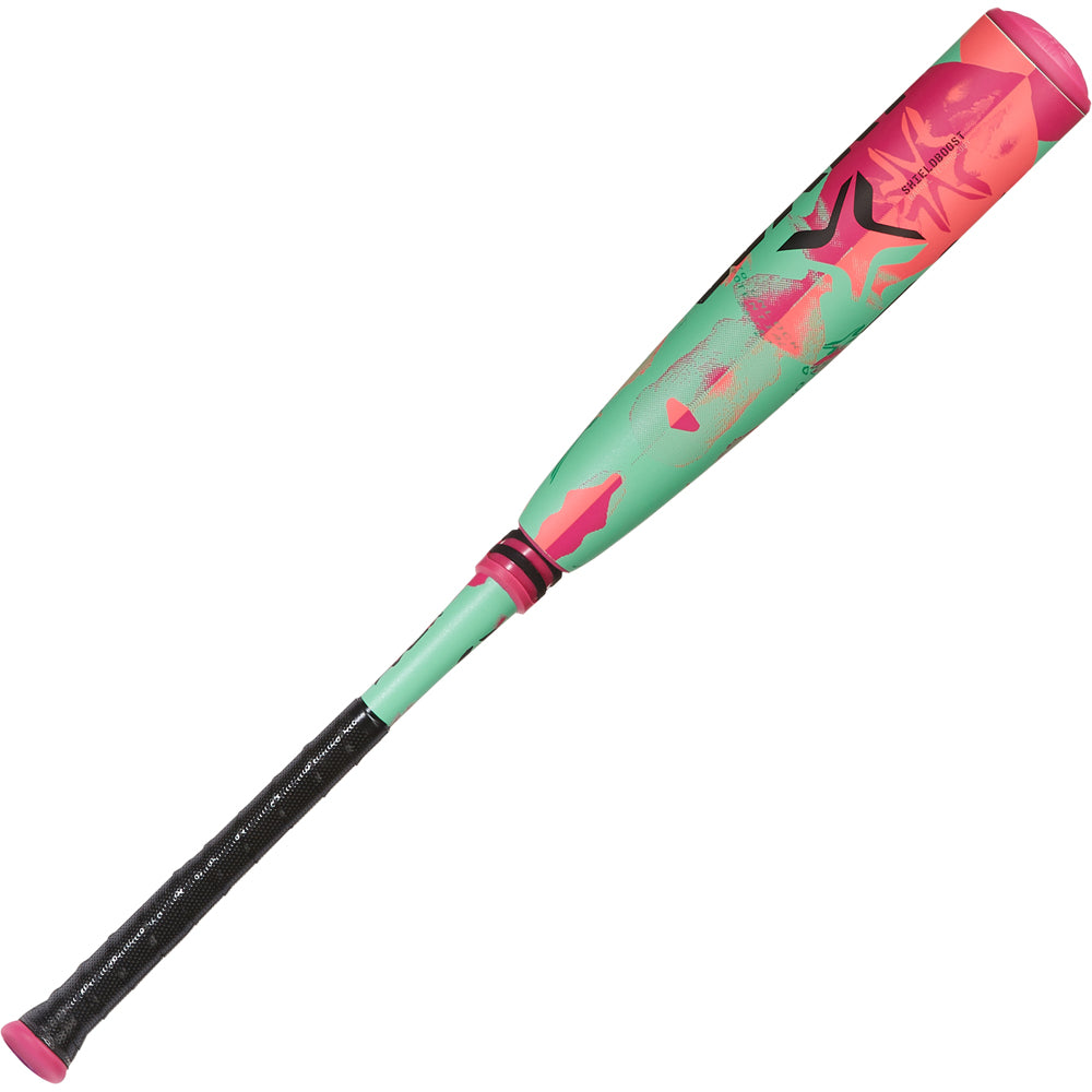 The 2025 AXE Warp (-10) 2 3/4" USSSA Baseball Bat: L148P by AXE features a black grip, teal body, and pink accents with abstract black and pink designs near the barrel.