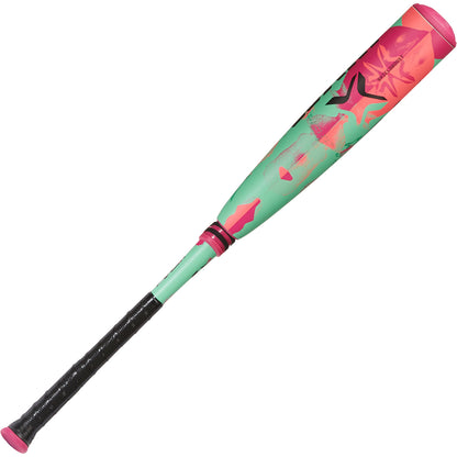 The 2025 AXE Warp (-10) 2 3/4" USSSA Baseball Bat: L148P by AXE features a black grip, teal body, and pink accents with abstract black and pink designs near the barrel.