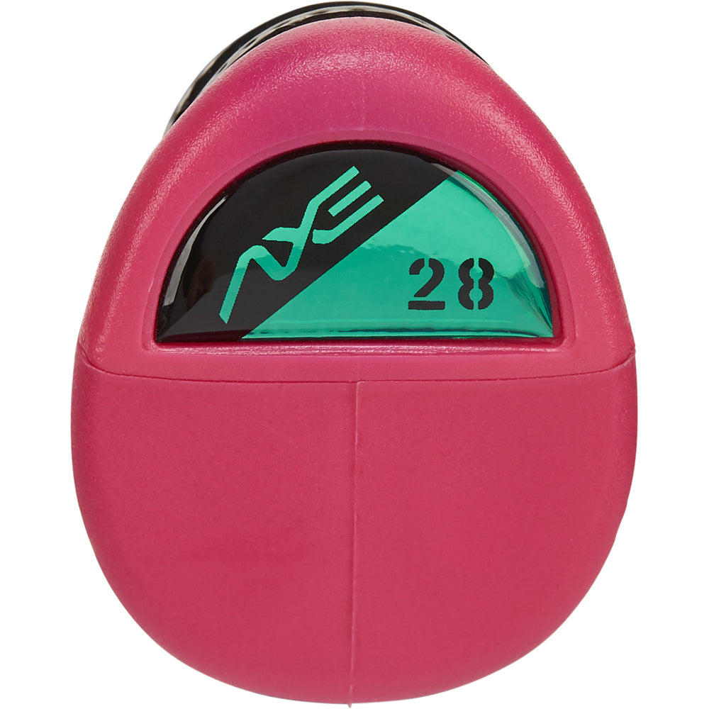 A pink, oval handheld tally counter with a green screen showing "28" and a stylized logo—perfect for tracking your swings with the 2025 AXE Warp (-10) 2 3/4" USSSA Baseball Bat: L148P by AXE.