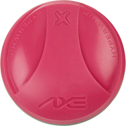 A round, pink lid embossed with AXE and HYPERWHIP, featuring a raised three-section design inspired by the 2025 AXE Warp (-10) 2 3/4" USSSA Baseball Bat: L148P-FLR, with a small X at the top center.
