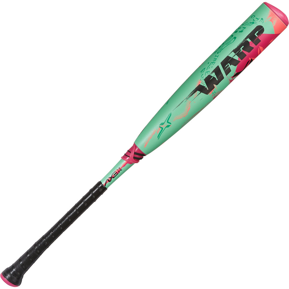 The 2025 AXE Warp (-10) USSSA Baseball Bat (L148P-FLR) features a teal barrel, pink accents, black grip, and bold WARP branding on the barrel, confirming its USSSA approval.