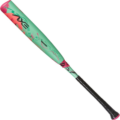 The 2025 AXE Warp (-10) 2 3/4" USSSA Baseball Bat (L148P-FLR) by AXE features bold green and pink graphics, a black grip, and the AXE logo near the barrel—perfect for players who want to stand out on the field.