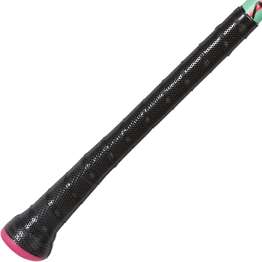 Close-up of the black textured sports grip handle from the 2025 AXE Warp (-10) 2 3/4" USSSA Baseball Bat (L148P-FLR) with a pink end cap, showing hints of green and red reflecting its vibrant AXE USSSA design.