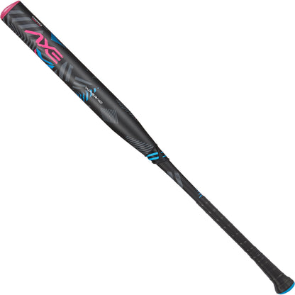 The 2024 AXE Inferno Balanced NSA USSSA Slowpitch Softball Bat (L154M-FLR) in black with pink, blue, and gray accents features Hyperflex Barrel Technology and a textured grip handle, shown against a white background.