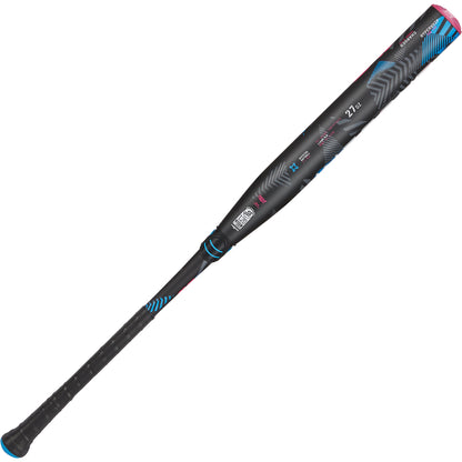 The 2024 AXE Inferno Balanced NSA USSSA Slowpitch Softball Bat (L154M-FLR) features a black composite build with blue and pink accents, white AXE logos, weight specs, textured grip, and Hyperflex Barrel Technology for top performance.
