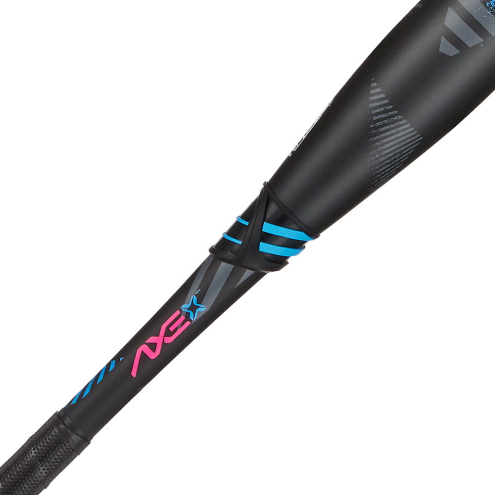 Close-up of the 2024 AXE Inferno Balanced NSA USSSA Slowpitch Softball Bat (L154M-FLR) in black, with blue and pink graphics, "NE" with a star, Hyperflex Barrel Technology, and a textured grip on the handle.