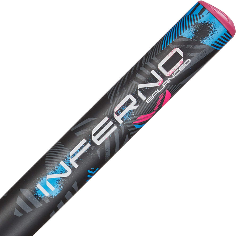 Close-up of the 2024 AXE Inferno Balanced NSA USSSA slowpitch bat (L154M-FLR) in black, featuring vibrant INFERNO BALANCED graphics, geometric patterns, a pink end cap, and Hyperflex Barrel Technology for top performance.