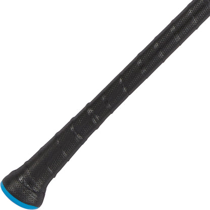 A close-up of the AXE 2024 Inferno Balanced NSA USSSA Slowpitch Softball Bat grip shows its black, textured design with a blue accent, displayed on a white background and highlighting the Hyperflex Barrel Technology–inspired look.
