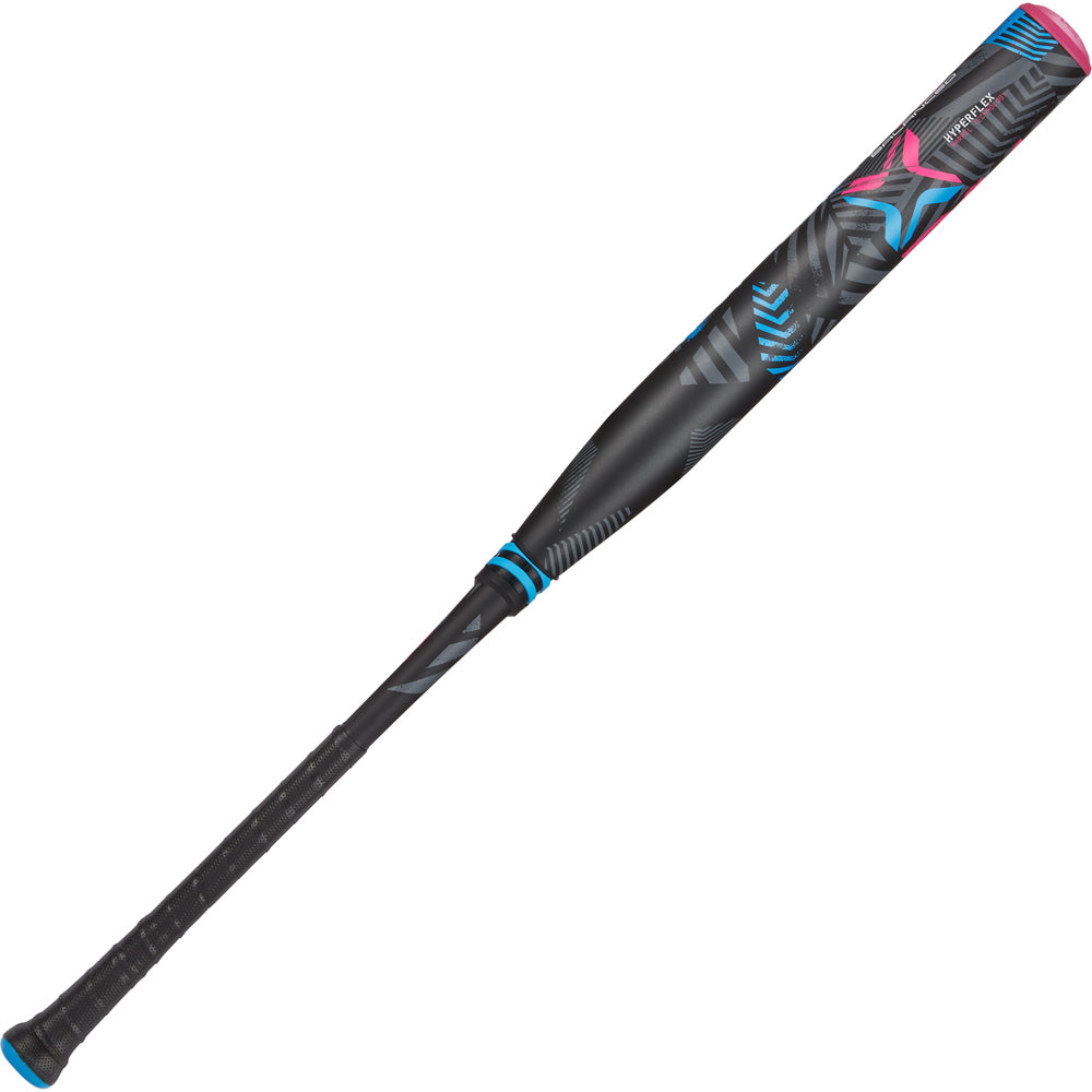 The 2024 AXE Inferno Balanced NSA USSSA Slowpitch Softball Bat (L154M-FLR) by AXE features a modern black composite design with blue and pink geometric patterns, a textured grip, sleek angular accents, and advanced Hyperflex Barrel Technology.