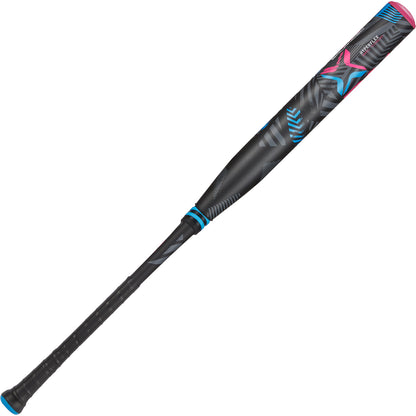 The 2024 AXE Inferno Balanced NSA USSSA Slowpitch Softball Bat (L154M-FLR) by AXE features a modern black composite design with blue and pink geometric patterns, a textured grip, sleek angular accents, and advanced Hyperflex Barrel Technology.