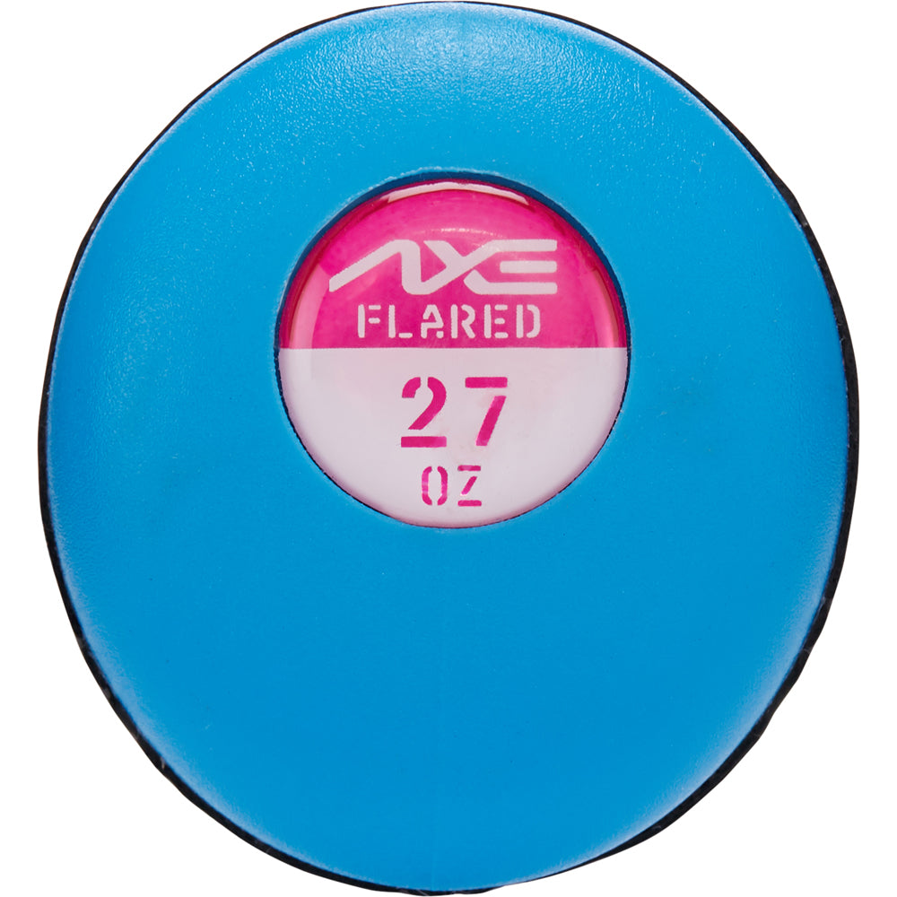 Blue circular object with central window showing "AXE FLARED" and "27 OZ" in pink and white, inspired by the 2024 AXE Inferno Balanced NSA USSSA Slowpitch Softball Bat (L154M-FLR) featuring Hyperflex Barrel Technology.