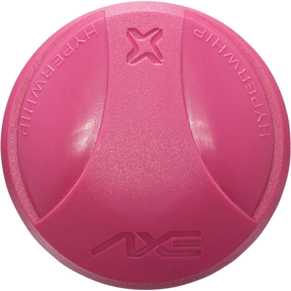 A bright pink, round lacrosse ball with HYPERWHIP and AXE embossed on its smooth surface, inspired by the sleek design of the 2024 AXE Inferno Balanced NSA USSSA Slowpitch Softball Bat (L154M-FLR) by AXE.