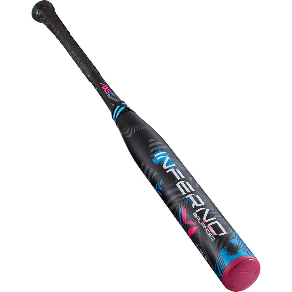 The 2024 AXE Inferno Balanced NSA USSSA Slowpitch Bat (L154M-FLR) features a black barrel with blue and pink accents, bold INFERNO graphics, Hyperflex Barrel Technology, a bright pink end cap, and a textured grip for standout style and performance.