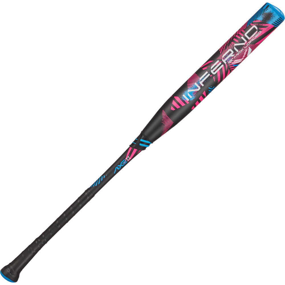 The 2024 AXE Inferno 12" Maxload NSA USSSA Slowpitch Softball Bat (L154M12-FLR) features a black composite build with blue and pink accents, bold INFERNO branding, Hyperflex Barrel Technology, and a textured grip handle.